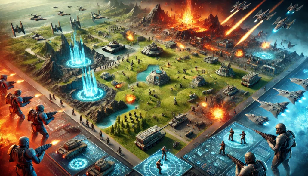 DALL·E 2025 03 13 13.23.33 A visually striking digital illustration of a futuristic battlefield showcasing a strategy game theme. The scene includes armies clashing in a detaile